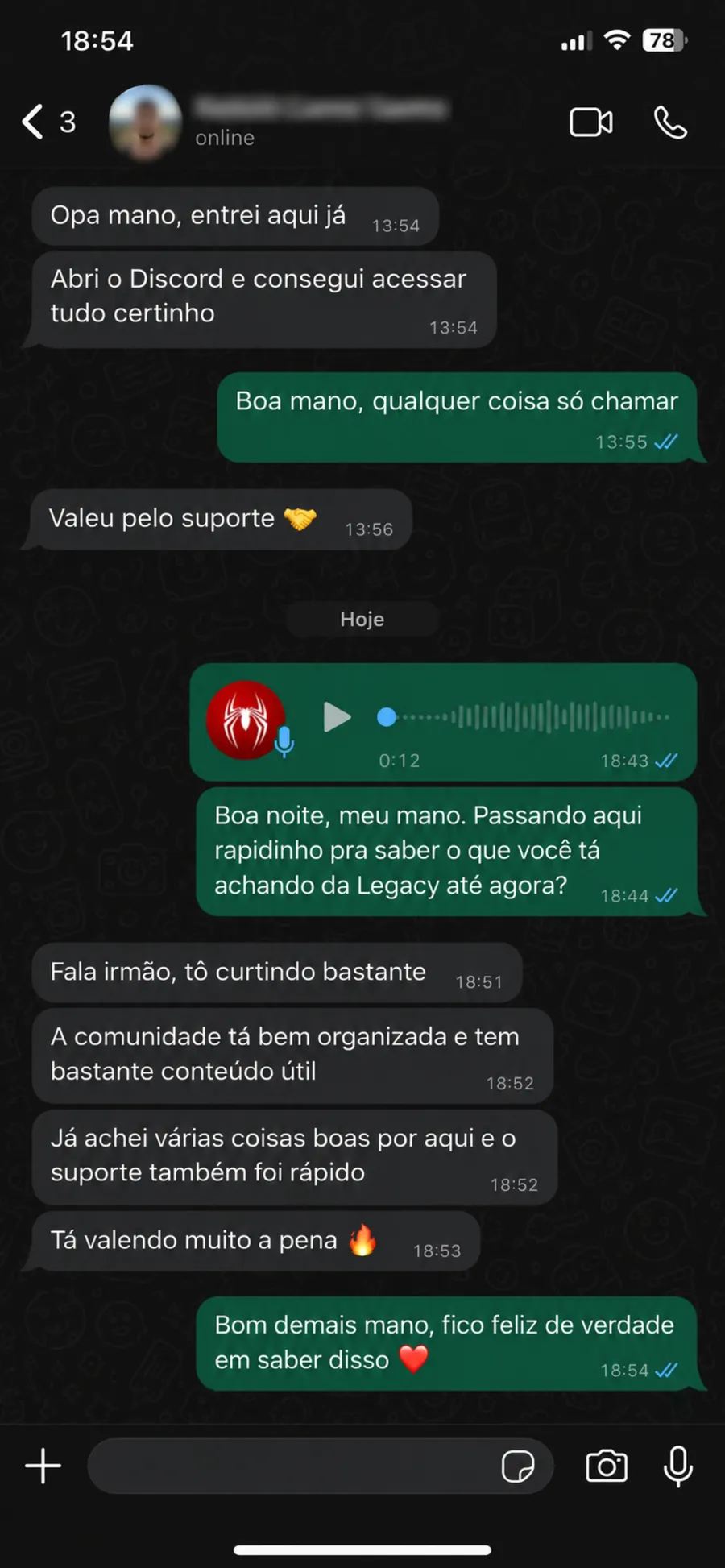 Conversa com feedback de membro da Legacy 2