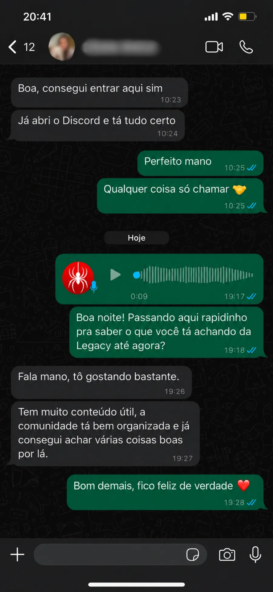 Conversa com feedback de membro da Legacy 3