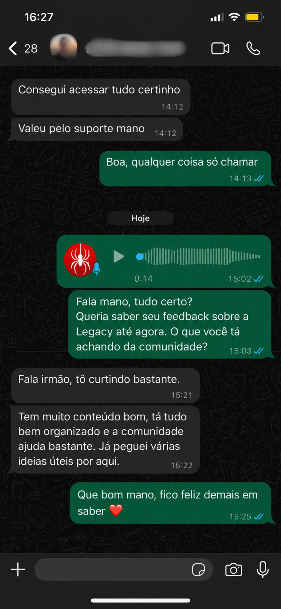 Conversa com feedback de membro da Legacy 4