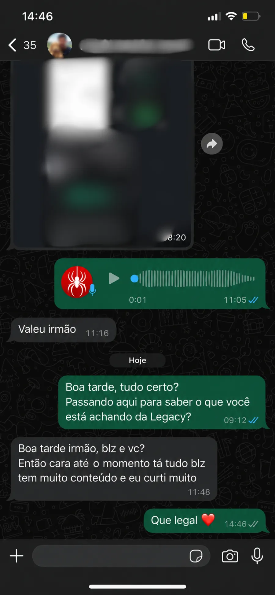 Conversa com feedback de membro da Legacy 5